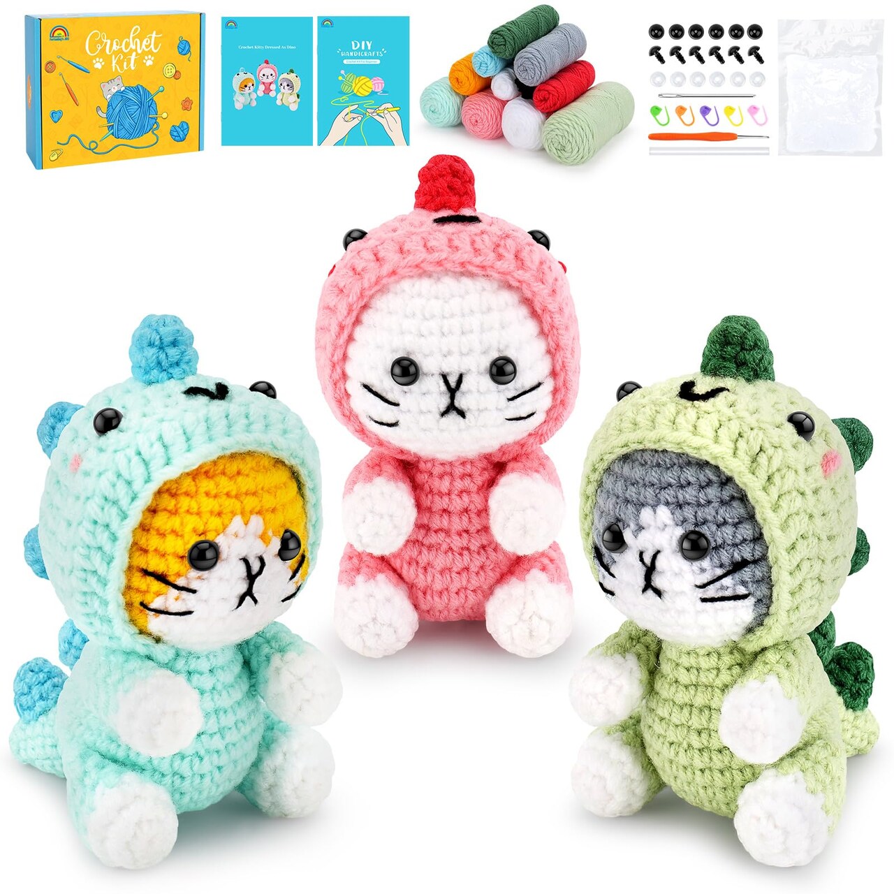 Crochet Kit for Beginners - 3 PCS Dinosaur Cat Crochet Kits with Step-by-Step Video Tutorials, Beginner Crochet Kit for Adults, Crochet Animal Kit for Starters, Cat Dressed as Dinosaur Crochet Set